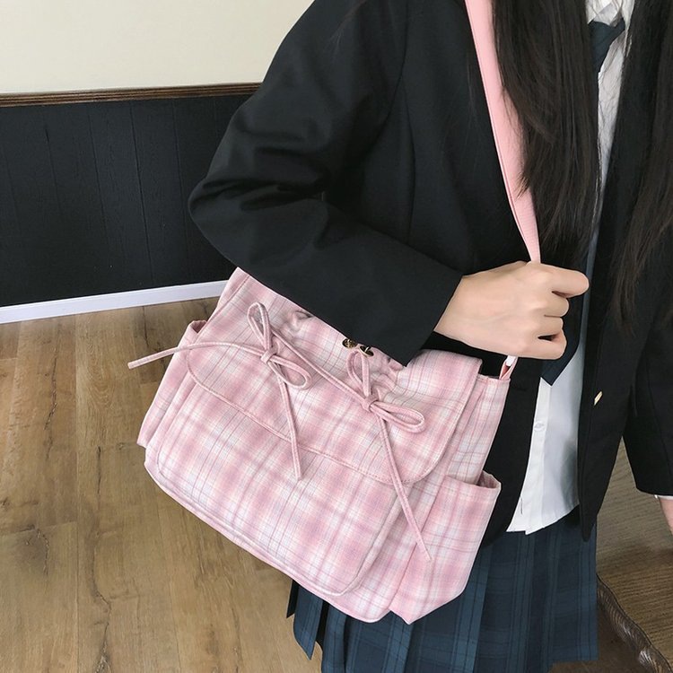 Ballet-style sweet bow bag, women's large-capacity commuter bag, casual checkered crossbody bag, single-shoulder tote bag full figure
