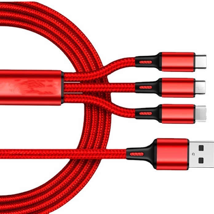 One drag three data cable, suitable for Apple, Android, Type-C three-in-one fast charging, 1.2-meter nylon woven gift manufacturer Item Picture