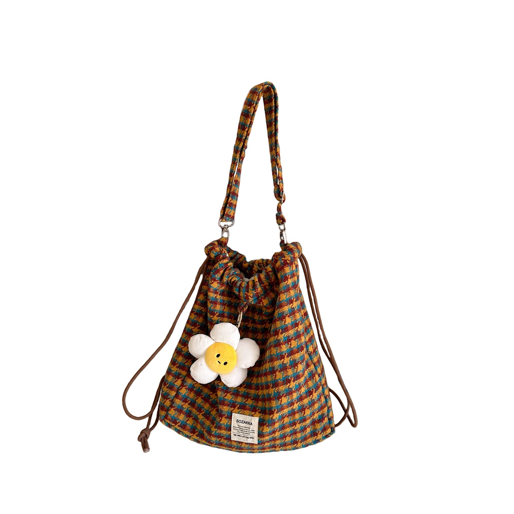 311281 Korean-style college style woolen checkered drawstring backpack, crossbody bag, large-capacity shopping single-shoulder bag for girls Item Picture