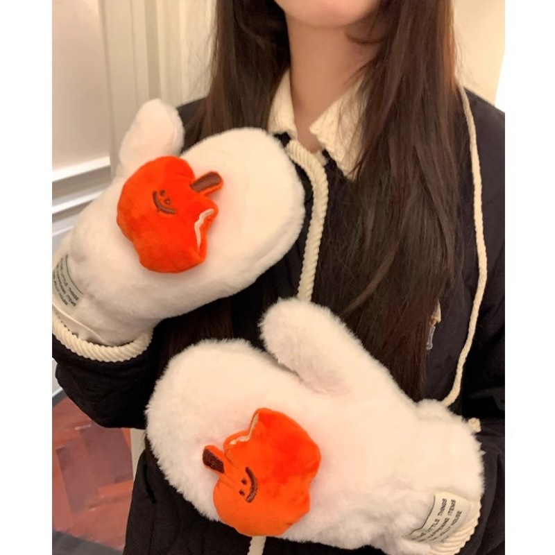 Outdoor anti-freezing and warm gloves, cute cartoon apple thickened plush mitten gloves, suitable for women to wear around the neck while cycling Specification drawing