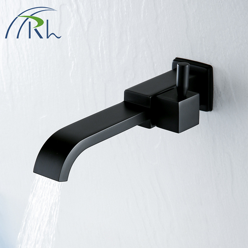 The bathroom features an extended wall-mounted mop sink faucet, a washbasin faucet, a single-cooling washbasin faucet, and a black washbasin faucet full figure