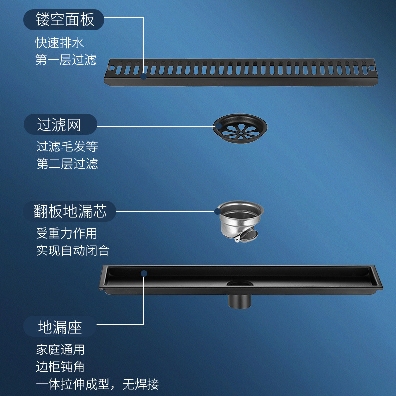Thickened black stainless steel 304 long strip floor drain, kitchen rectangular floor drain, hotel shower room anti-odor floor drain Specification drawing