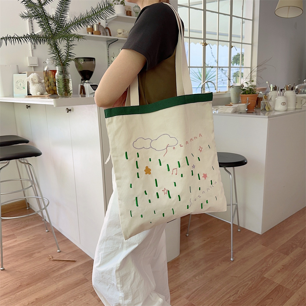 44282 Embroidered flower casual and laid-back style ins artistic hand-held single-shoulder bag, shopping bag, canvas bag, schoolbag details Picture
