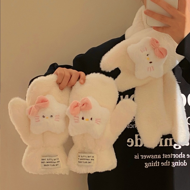 Girlish heart bow cat plush gloves, student cycling warm fleece gloves, winter supplies warm gloves full figure