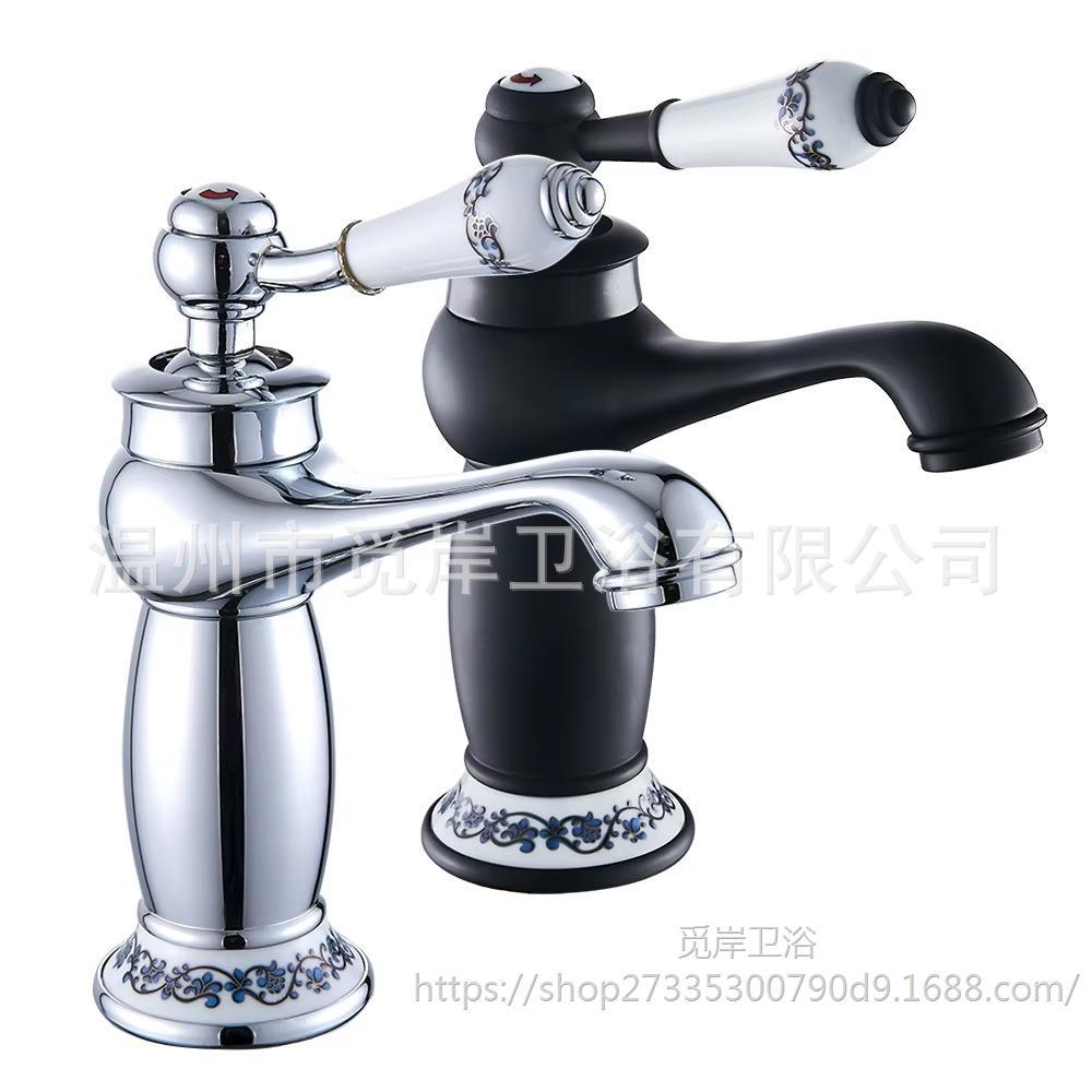 Golden faucet, hot and cold European-style faucet, all-copper bathroom, raised blue and white porcelain countertop basin, gilded antique wholesale Item Picture