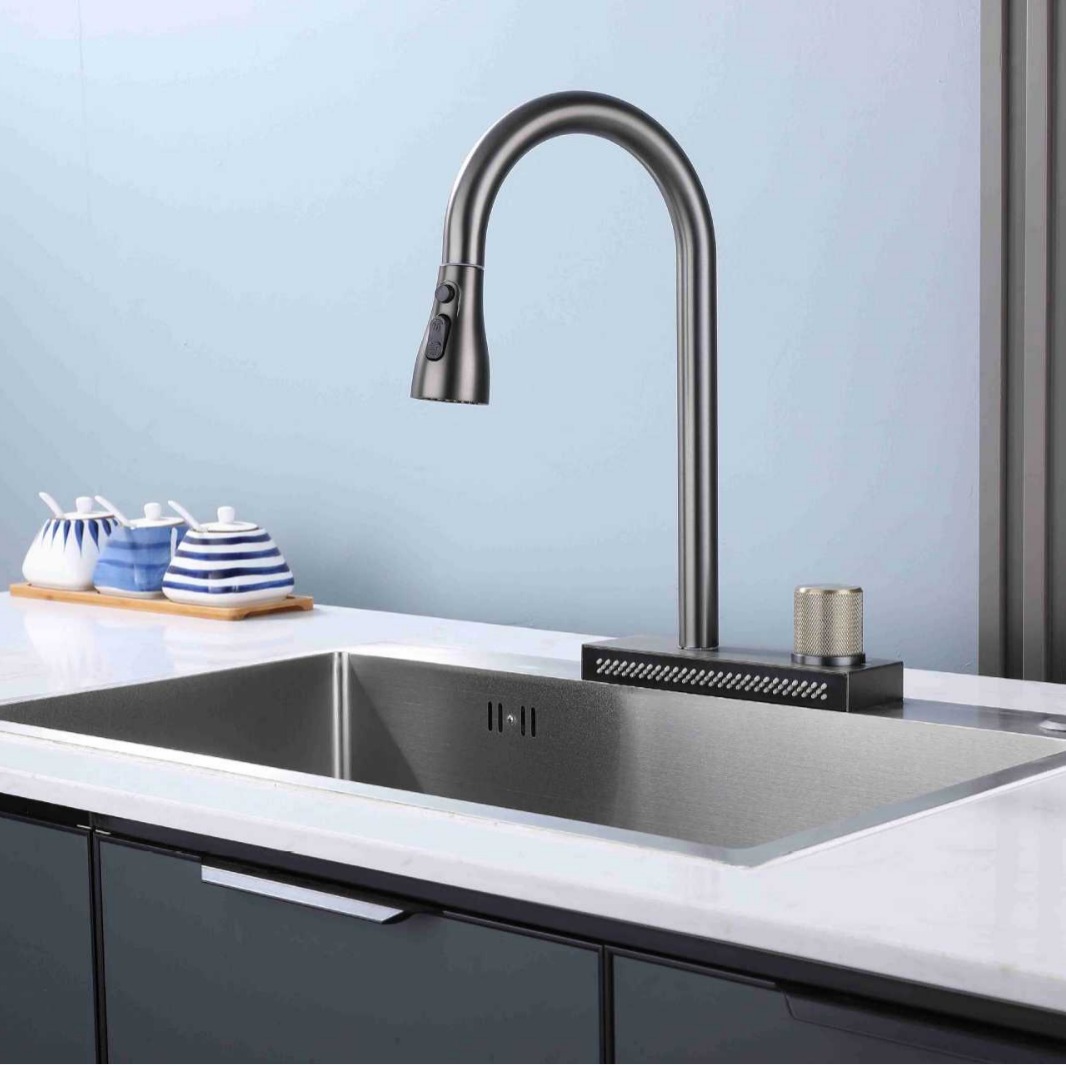 Stainless steel kitchen pull-out faucet, rain waterfall water outlet, kitchen faucet, pull-out sink, cold and hot water faucet full figure