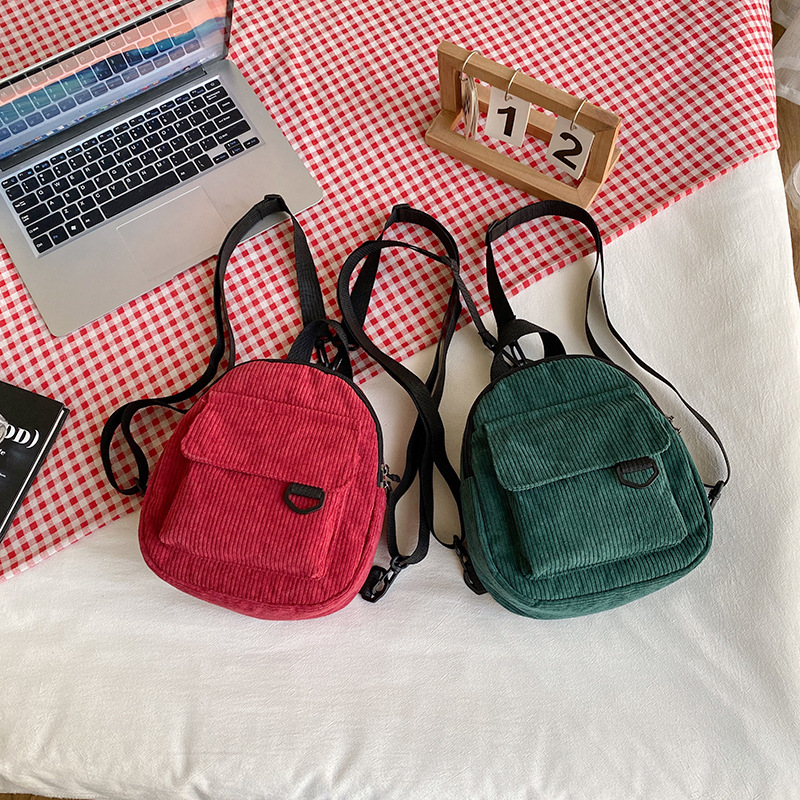 Korean-style casual, versatile, simple and retro corduroy solid color Japanese children's backpack, student schoolbag, women's backpack details Picture
