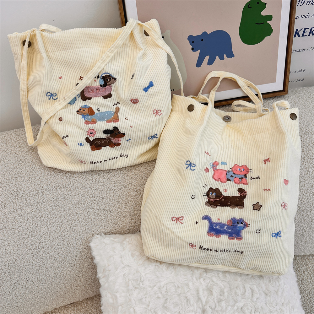 49271 Cute Cartoon Dog embroidered autumn and winter corduroy bag, girls' class bag, large capacity single-shoulder bag for students details Picture