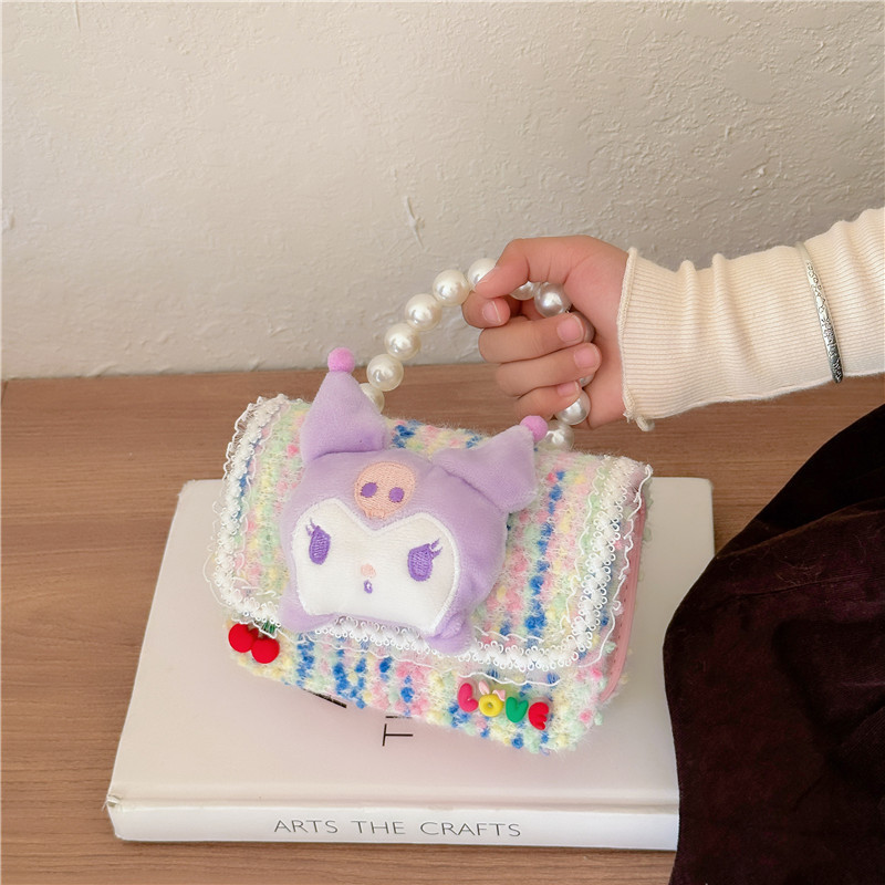 Children's pearl hand-held small crossbody bag 2024 New Year Edition woolen doll accessory single-shoulder bag Cute girl crossbody bag Specification drawing
