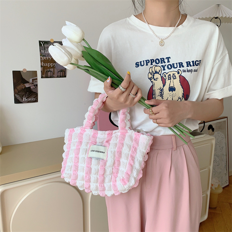 25131 Women's French cream pleated handbag, cloud cream puffs, hand-held bag, bento bag, shopping bag full figure