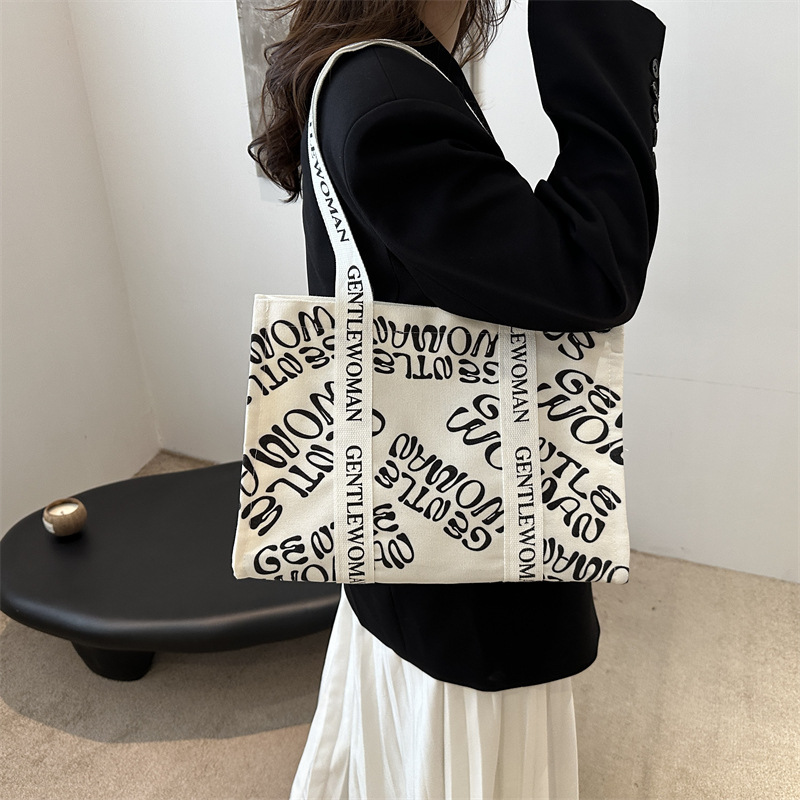 Letter canvas bag for women, large capacity 2024 new commuter bag, versatile tote bag, single-shoulder mommy bag details Picture