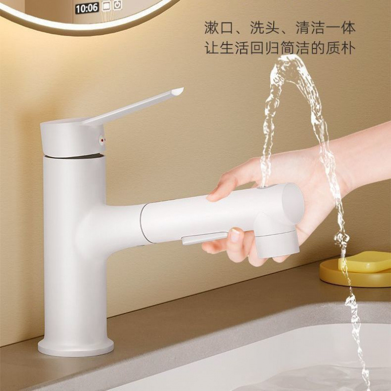 Cream wind pull-out faucet, washbasin, cold and hot water, white washbasin, splash-proof bathroom basin, bathroom cabinet details Picture