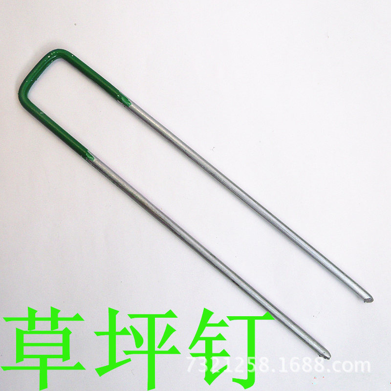 Dark green U-shaped turf nails for artificial turf fixation, turf pegs steel wire galvanized and baked paint 150, for export Specification drawing