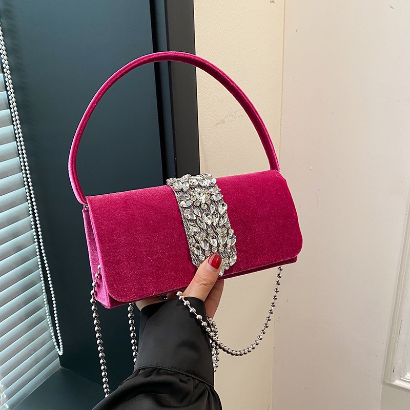 The 2024 new French banquet velvet rhinestone small square bag for women is a fashionable and versatile handbag and a single-shoulder crossbody bag details Picture
