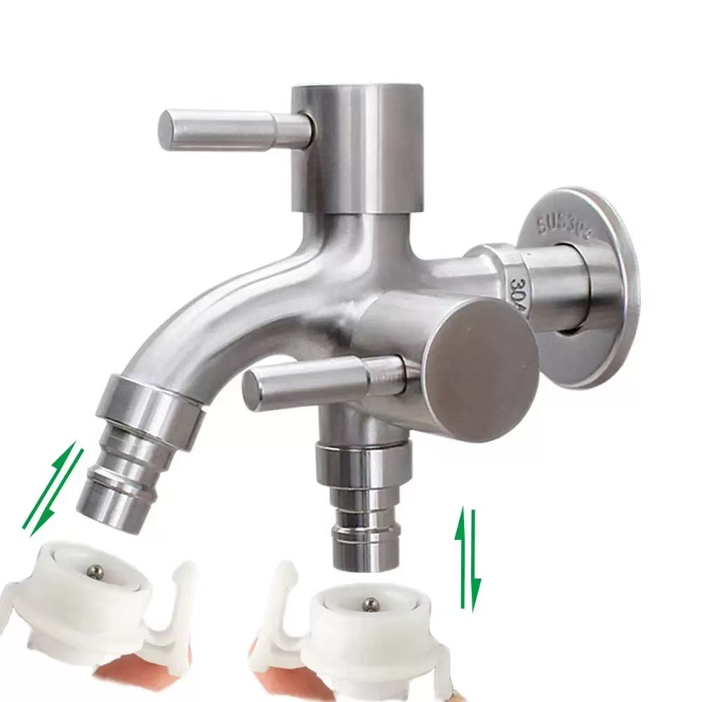 Foreign trade stainless steel side-opening single-cooling quick-opening dual-purpose multi-functional dual-control washing machine faucet one in and two out Angle valve details Picture