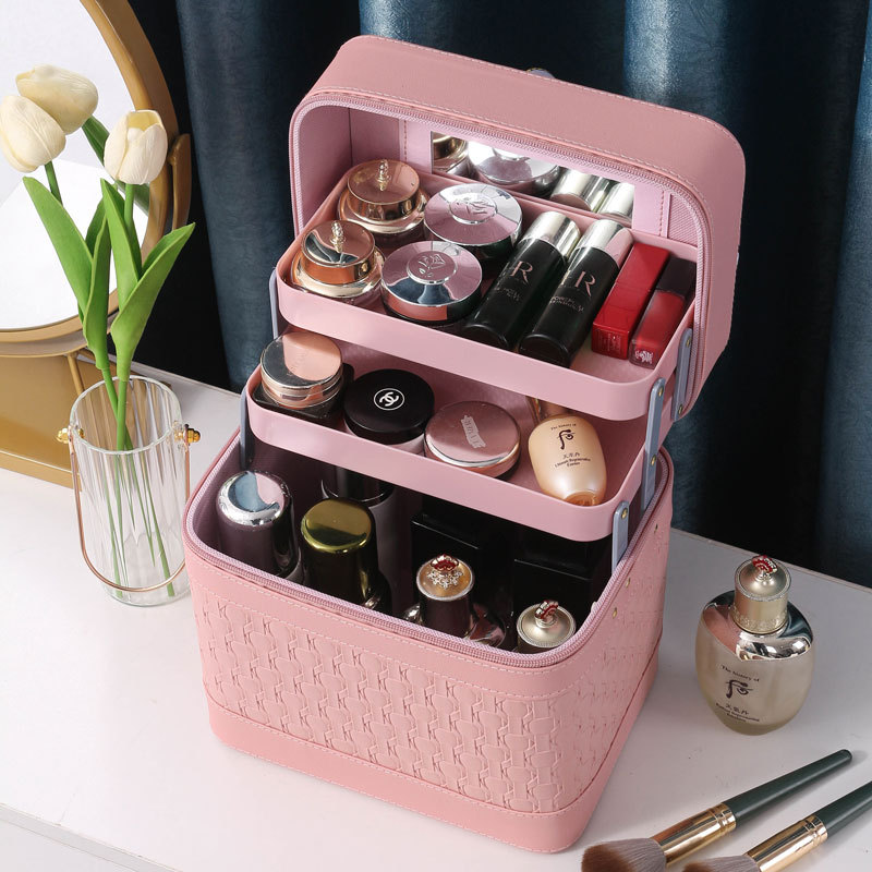 Wholesale of multi-layer cosmetic boxes, portable travel large-capacity cosmetic bags, simple hand-carry cosmetic storage boxes with mirrors details Picture