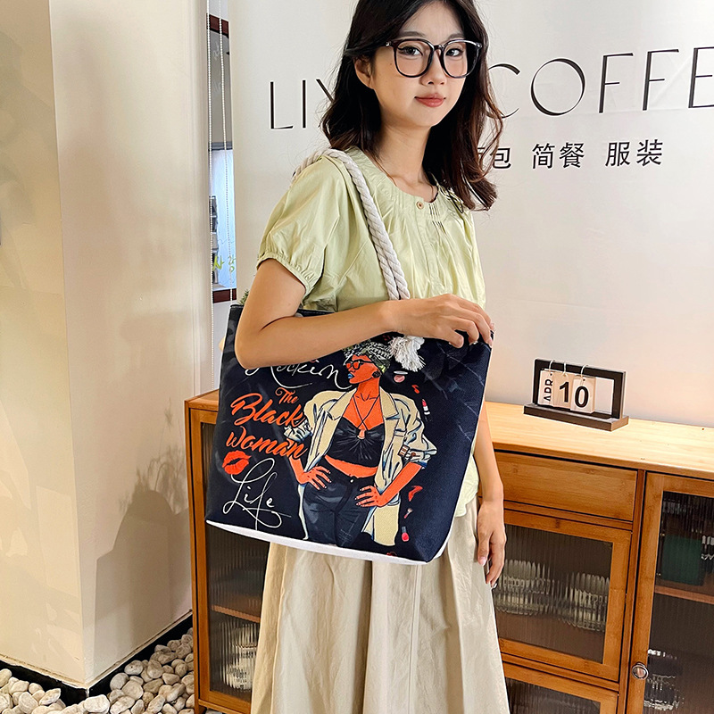 Ethnic style large hemp rope bag, double-sided embroidery with gold thread, single-shoulder bag, large capacity canvas bag, Thai tote bag Specification drawing