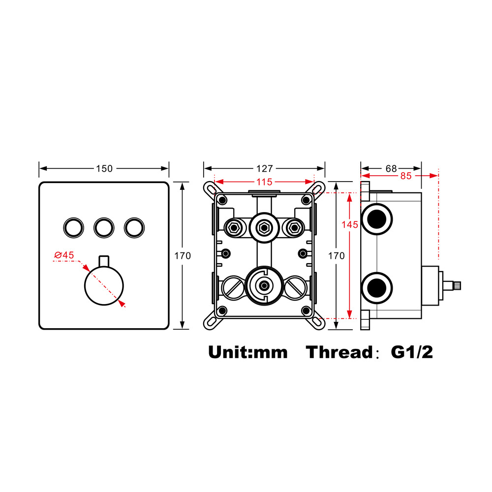 HIDEEP three-function showerhead mixing valve embedded in the wall, black thermostatic switch button control valve Item Picture
