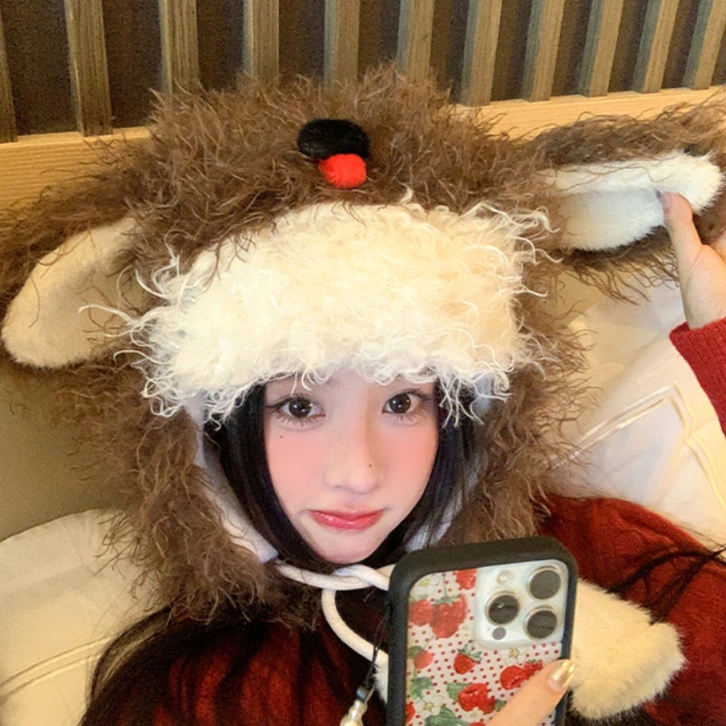 Cute furry little dog plush ear-protecting hat for girls 2024 autumn and winter thickened warm pile-up student cartoon Lei Feng hat full figure