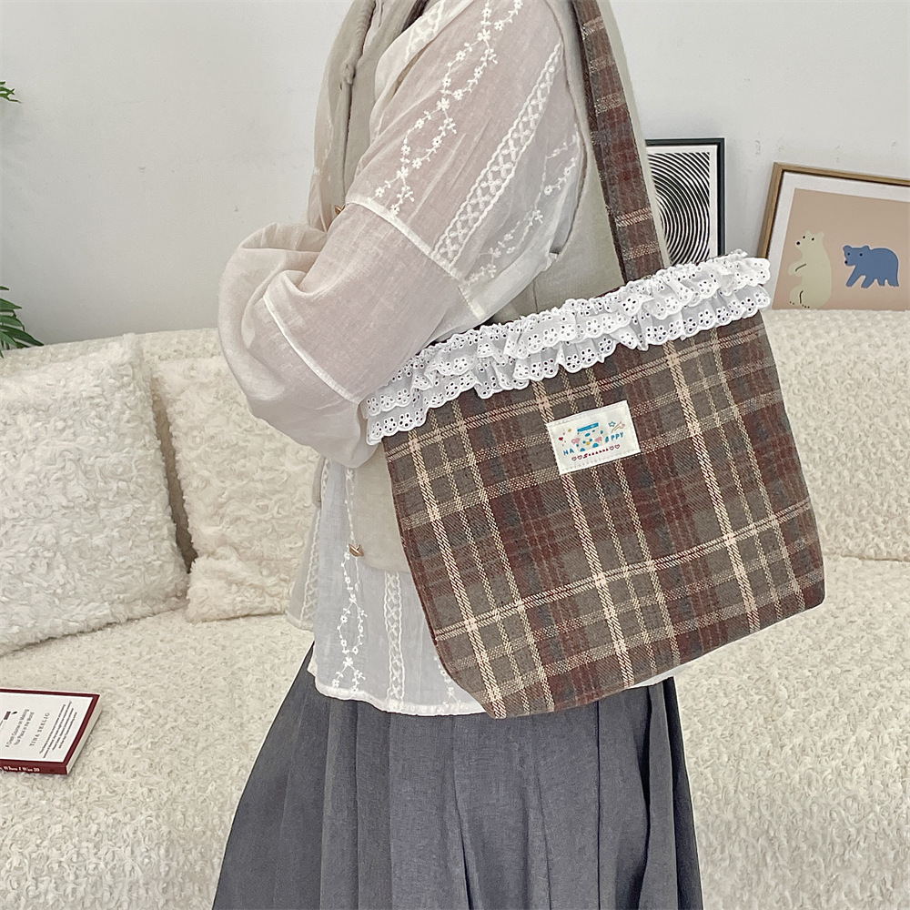 51151 Cute and girlish lace fringed woolen college checkered single-shoulder bag, cloth bag, hand-held tote bag Specification drawing