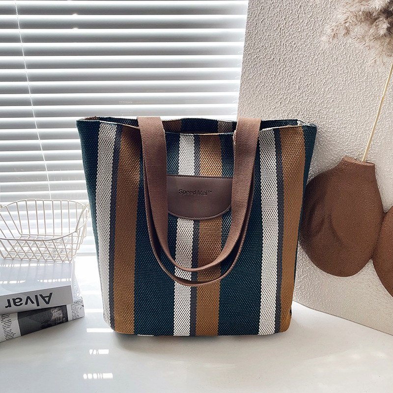 Cross-border striped canvas women's bag 2025 Large capacity New urban casual light shoulder bag tote bag shopping bag full figure