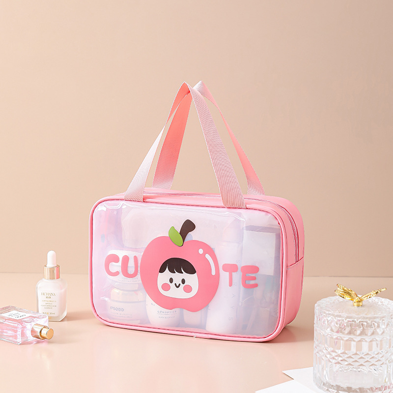 PU cartoon hand-held cosmetic bag, travel portable toiletry bag, waterproof visible storage bag, transparent large opening toiletry bag Specification drawing