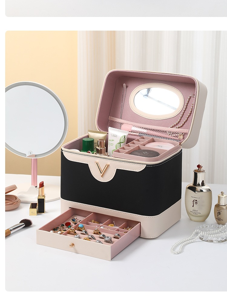 New PU large-capacity makeup bag, women's portable cosmetics and jewelry storage bag, multi-functional and simple hand-held makeup box Application Scenario