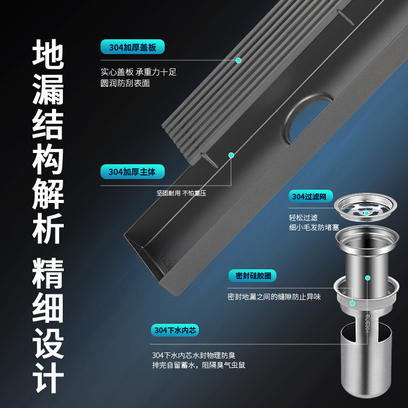 Shower room thickened gun gray 304 stainless steel long floor drain, bathroom anti-odor long strip side drainage large flow floor drain details Picture