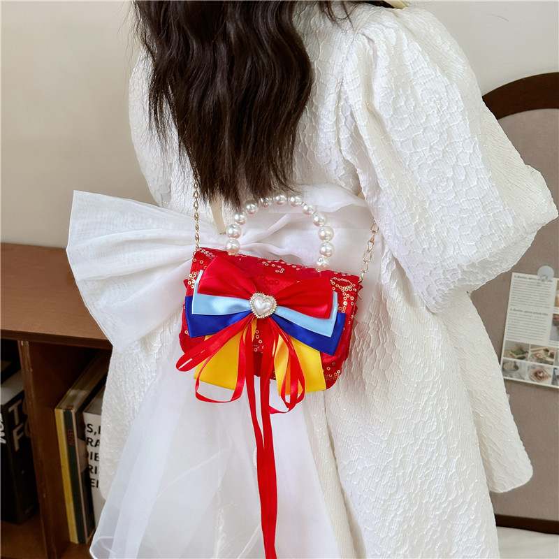 2024 red bag, fashionable princess accessory bag, bow pearl handbag, stylish children's crossbody bag Specification drawing