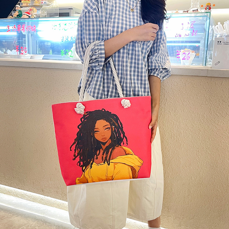 Ethnic style large hemp rope bag, double-sided embroidery with gold thread, single-shoulder bag, large capacity canvas bag, Thai tote bag Application Scenario