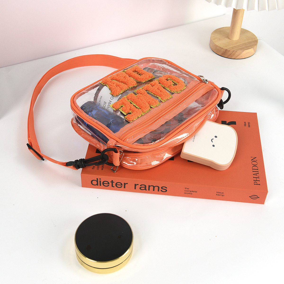Cross-border embroidered letter crossbody bag, transparent PVC single-shoulder small square bag, travel portable cosmetics and toiletries storage bag Specification drawing