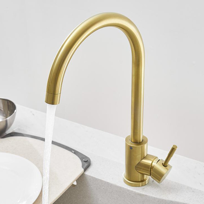 The kitchen hot and cold water faucet is rose gold with a large golden bend. It is a stainless steel household sink and a rotatable sink faucet full figure