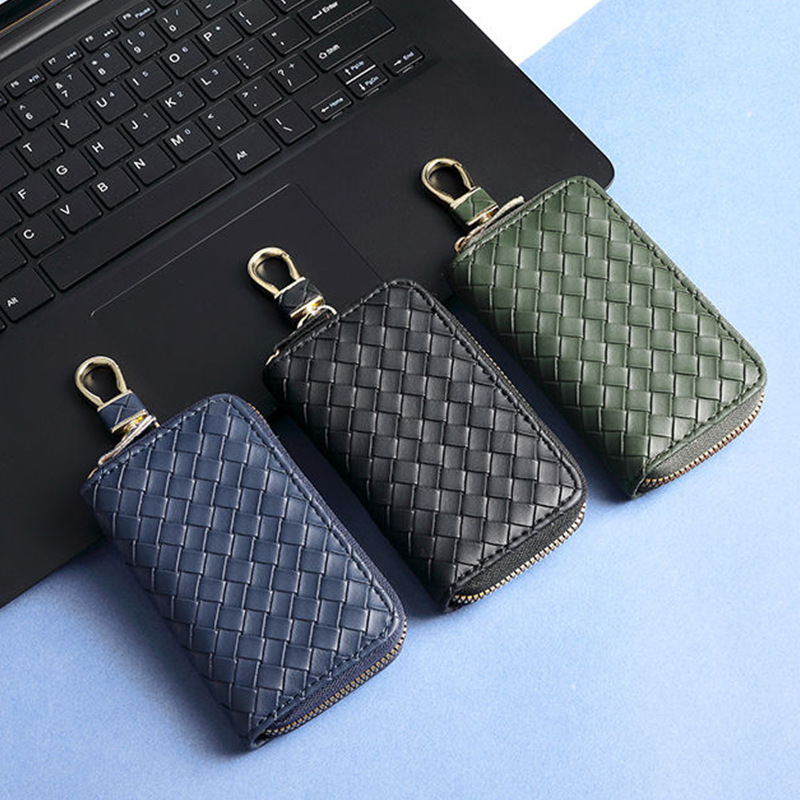 Internet-famous woven car key case, men's genuine leather key cover, light luxury waterproof women's large-capacity zipper key case Specification drawing