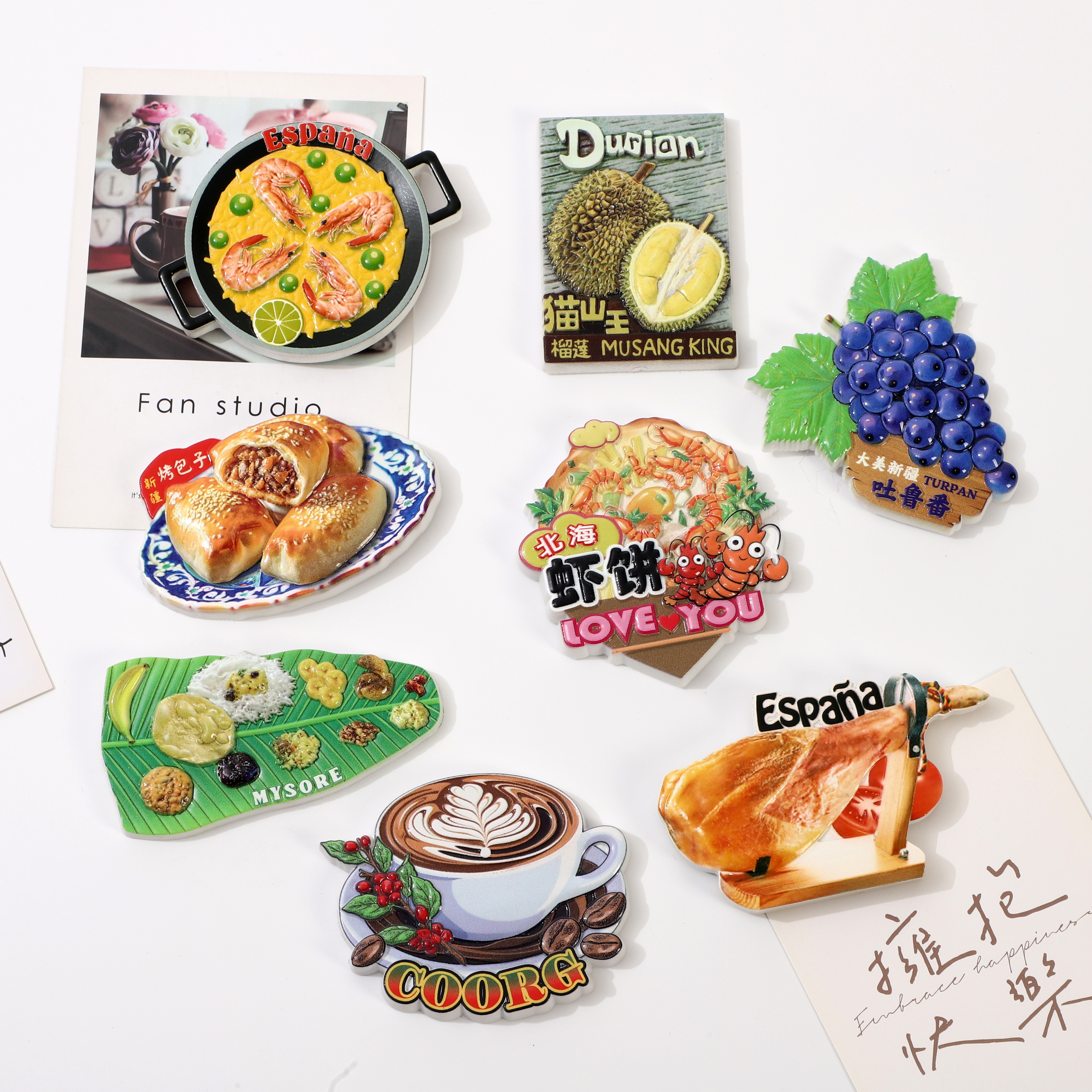 厂家定制 外贸创意美食西班牙火腿咖啡榴莲树脂食玩冰箱贴