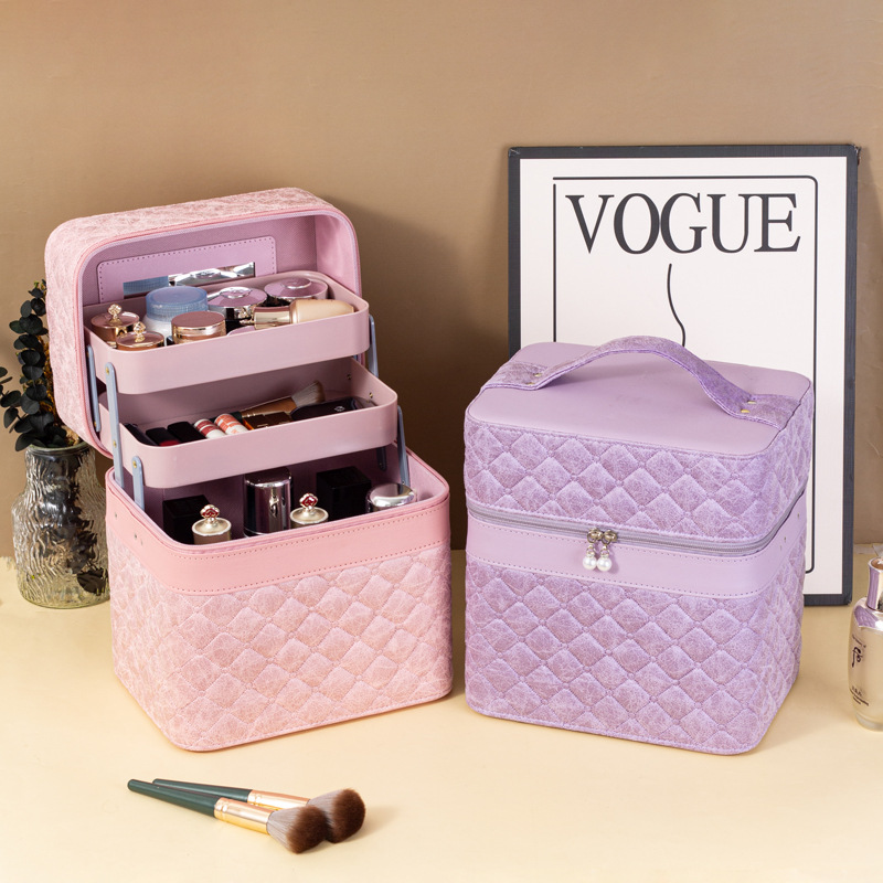 Portable makeup case, large-capacity jewelry and cosmetics multi-compartment storage box, simple and multi-functional hand-held makeup bag details Picture
