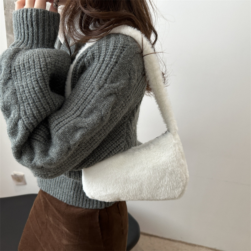 Spring 2025 new Korean-style fur solid color bag, casual and fashionable underarm women's bag, fashionable and stylish plush handbag Specification drawing