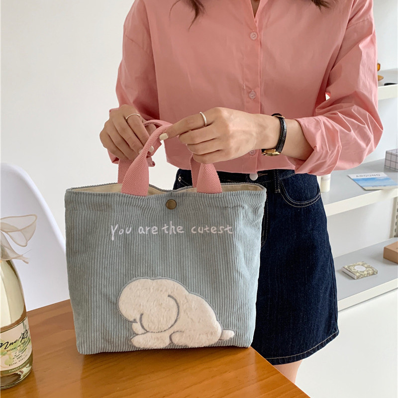 1991 Cute cartoon embroidered hand-held canvas bag, corduroy tote bag, student mommy commuting lunch bag wholesale details Picture