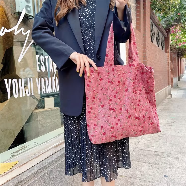 0133 ins Pink Rose Artistic Retro single-shoulder bag for Women, simple corduroy student cloth bag, large capacity tote bag Specification drawing