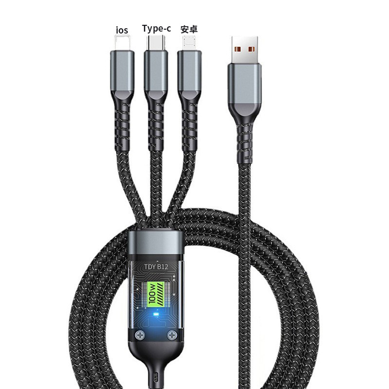 100W transparent medium card super fast charging one drag three data cable current fast charging three-in-one nylon official charging cable Item Picture
