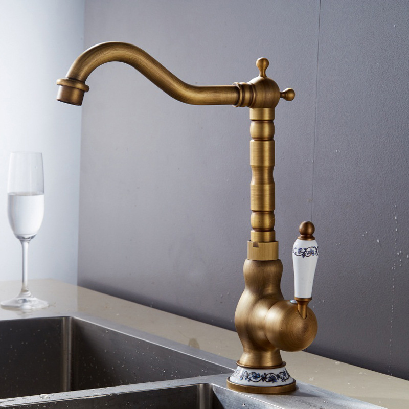 European-style copper antique washbasin faucet, blue and white porcelain handle countertop, kitchen sink, rotatable and water-mixing black antique dragon head full figure