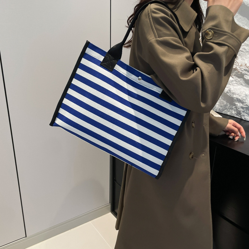 Canvas bag, women's office handbag, large-capacity striped single-shoulder storage hand-held bag, fashionable shopping bag for going out Specification drawing