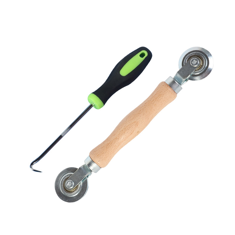 Wooden pressure wheel + hook tool set, solid wood handle, double-head metal screen window pressure wheel, screen window pressure strip ejector Item Picture