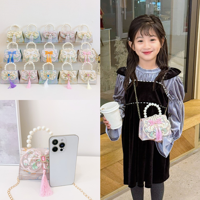 Hot-selling children's single-shoulder bag, exquisite ancient-style little girl coin purse, cute princess outdoor casual pearl handbag full figure