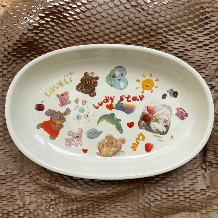 Korean-style ins cute and playful tableware, girls' cream graffiti ceramic plates, dessert bowls, breakfast milk cups tableware Specification drawing