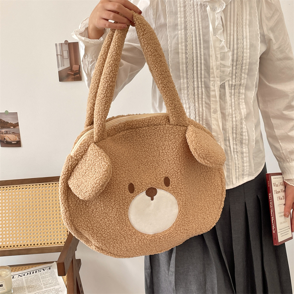 411124 New large-capacity cute bear single-shoulder bag, women's cartoon plush bag, autumn and winter edition hand-held tote bag Specification drawing