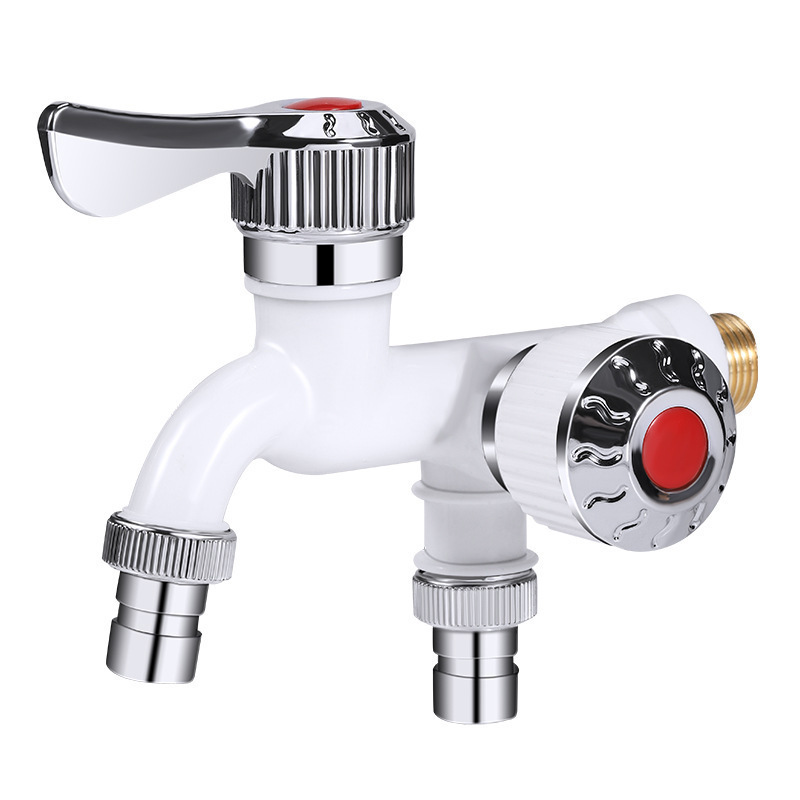 The faucet is heat-resistant, water-resistant, anti-freezing and anti-splashing. It is a dual-control 4-point single-cooling plastic washing machine faucet for home kitchens Item Picture