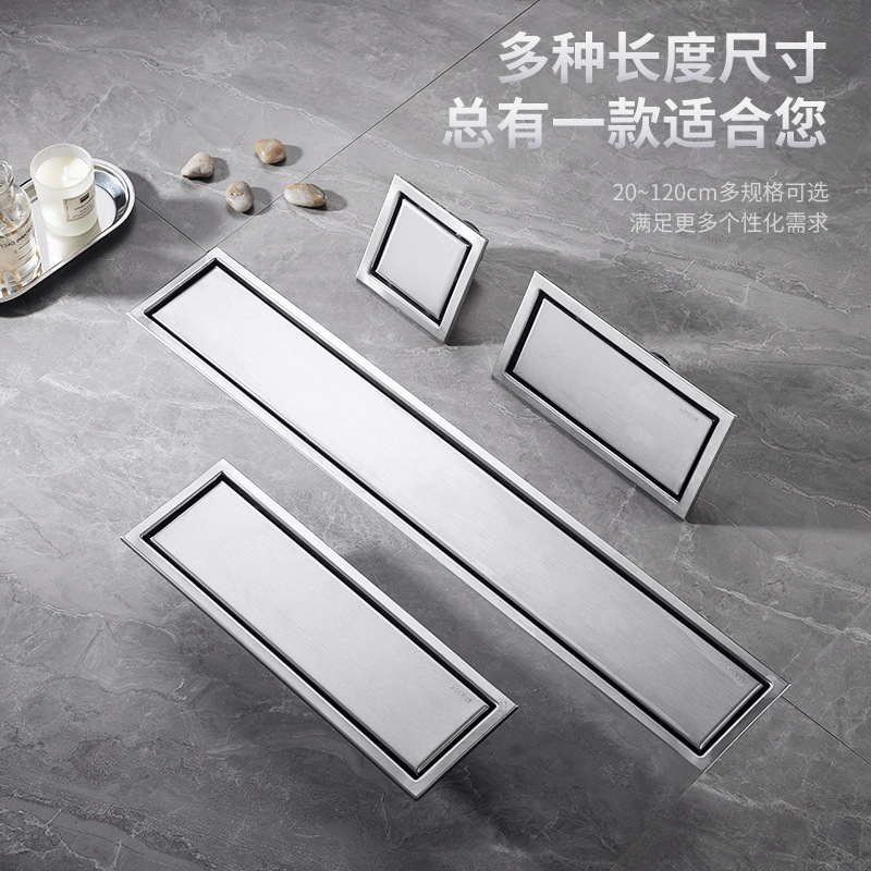 Cross-border temu Amazon 304 stainless steel long strip floor drain, rectangular bathroom balcony hidden brick long floor drain full figure