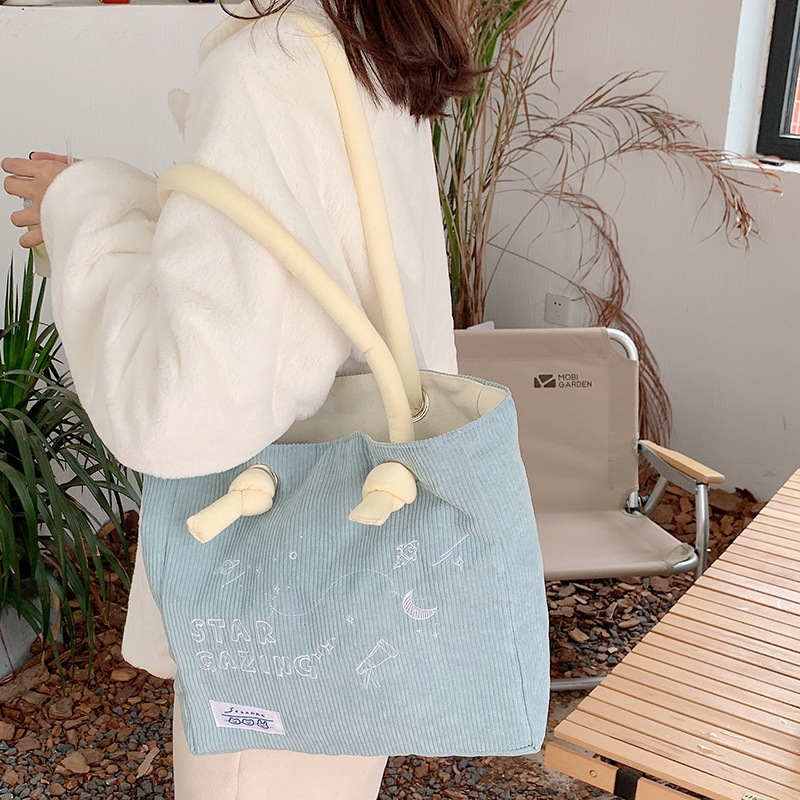 【 In Stock 】210283 Korean-style embroidered single-shoulder bag, Starry Sky and Moon tote bag, large capacity for students attending classes details Picture