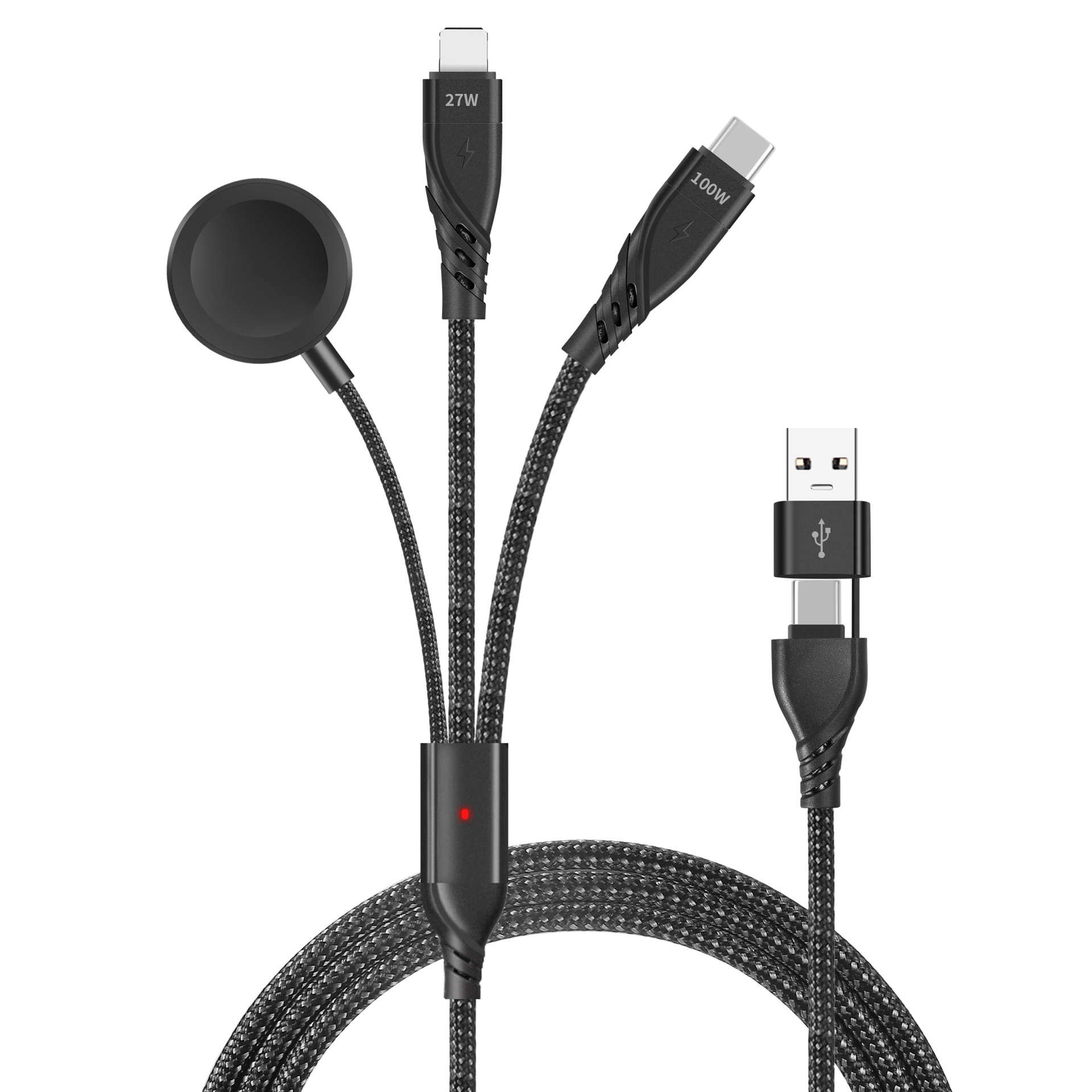 The TYPE-C100W two-to-three data cable is compatible with fast charging for Apple iphone15 and wireless charging for iwatch with 5A Item Picture