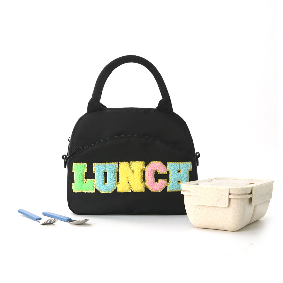 Amazon embroidered lunch bag, cross-border letter portable handbag, travel casual insulated bag, large capacity storage bag full figure